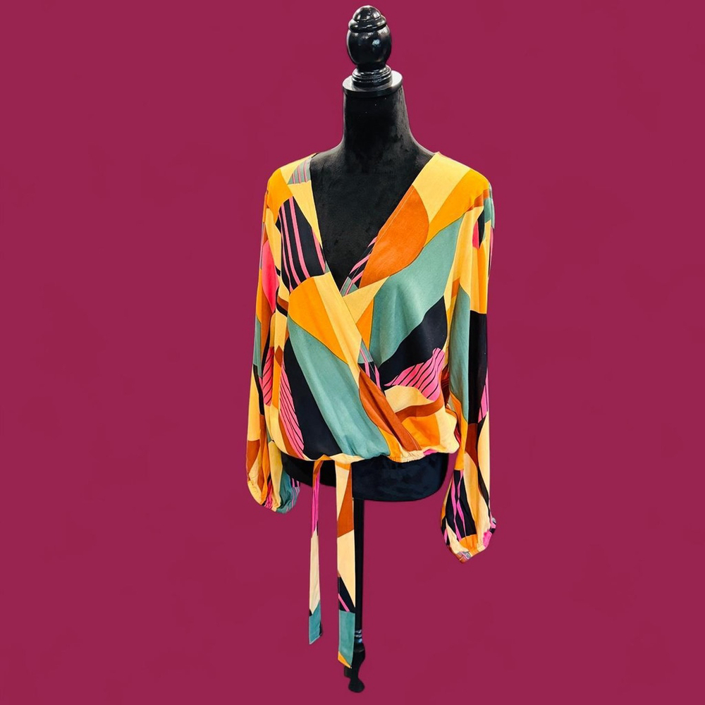 Artsy Abstract 90s Retro Wrap Blouse 2XL